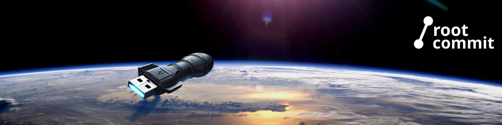 One of Root Commit's banners: a USB powered rocket hovering over the earth in the rising or setting sun.