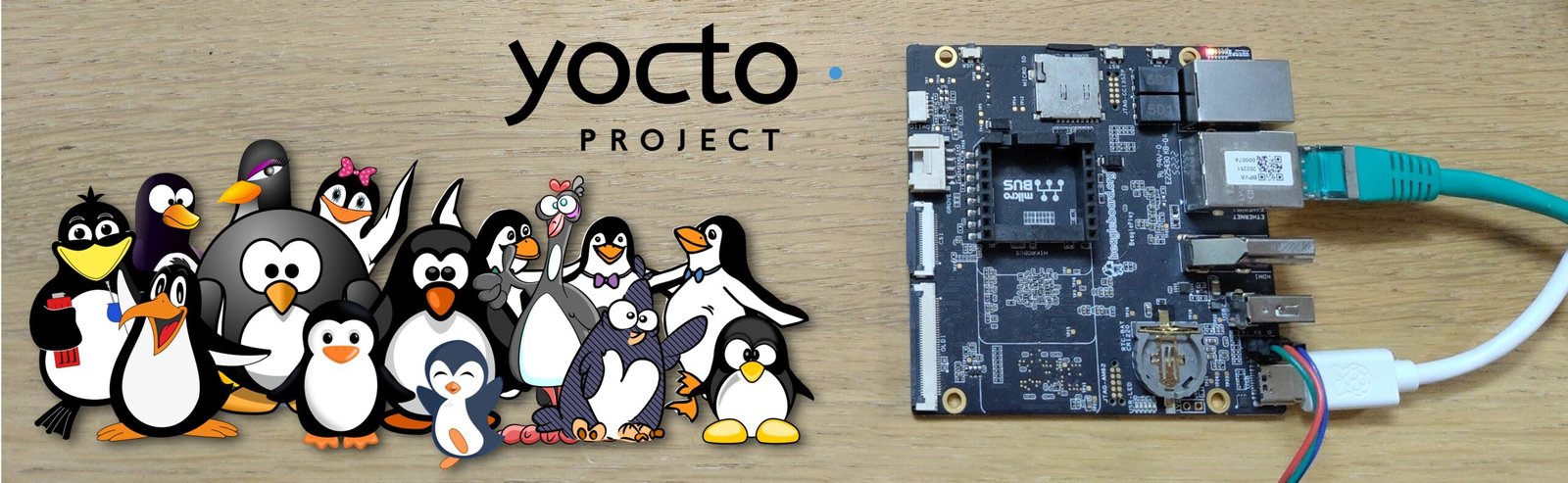 Yocto with BeaglePlay board and many penguins Photo: Michael Opdenacker Clipart: https://openclipart.org/download/189359/penguins-like-ocal.svg