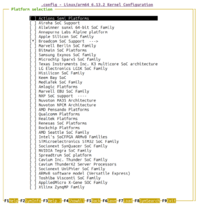 "make nconfig", menu for platform selection, with all but Broadcom SoCs disabled