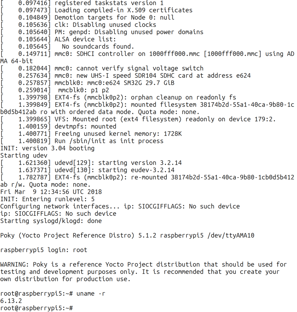 Linux 6.13.2 booted on RaspberryPi 5- Serial console view