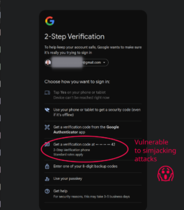 Screenshot of Google 2FA options, providing insufficient protection because of the possibility to send a code to a mobile phone.