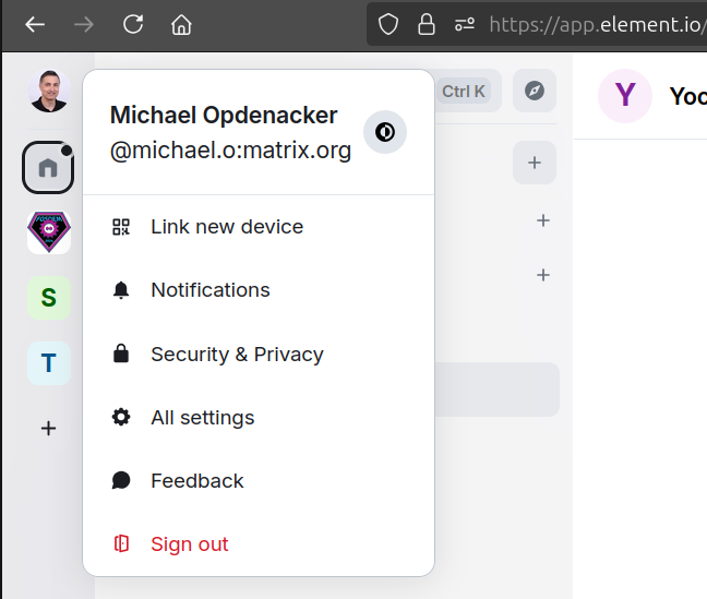 Element.io screenshot revealing the Matrix account
