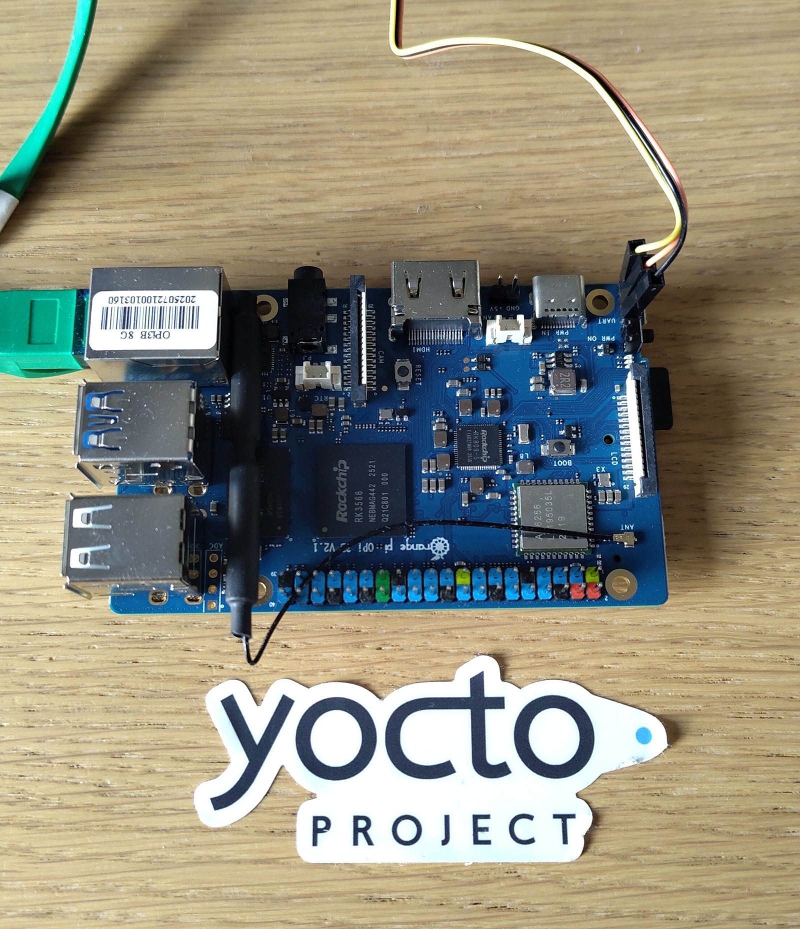 OrangePi 3B board with Yocto logo